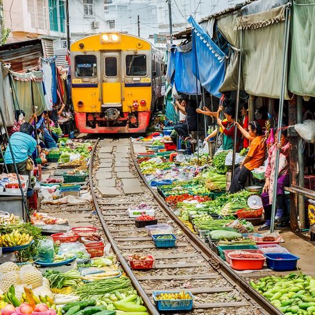A train going through a market